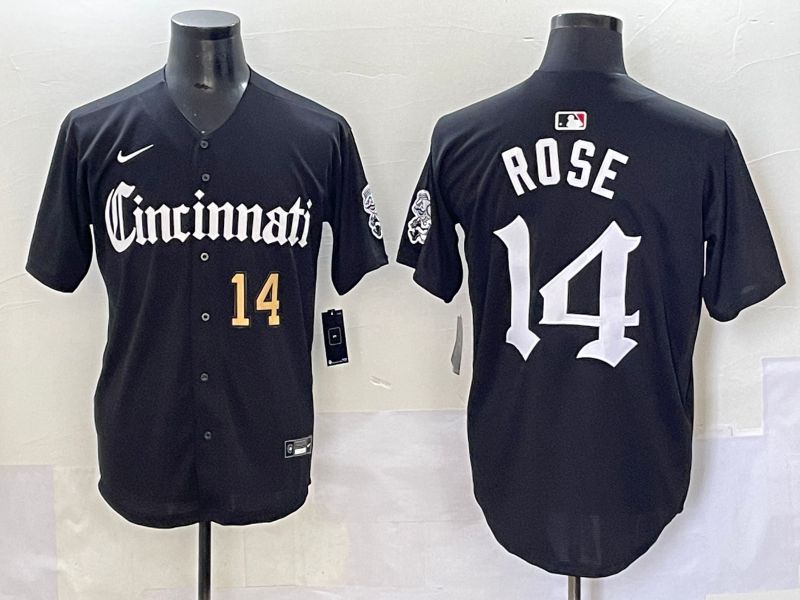 Men 2025 Cincinnati Reds #14 Rose Black Five generations Joint Name Nike MLB Jersey style 5